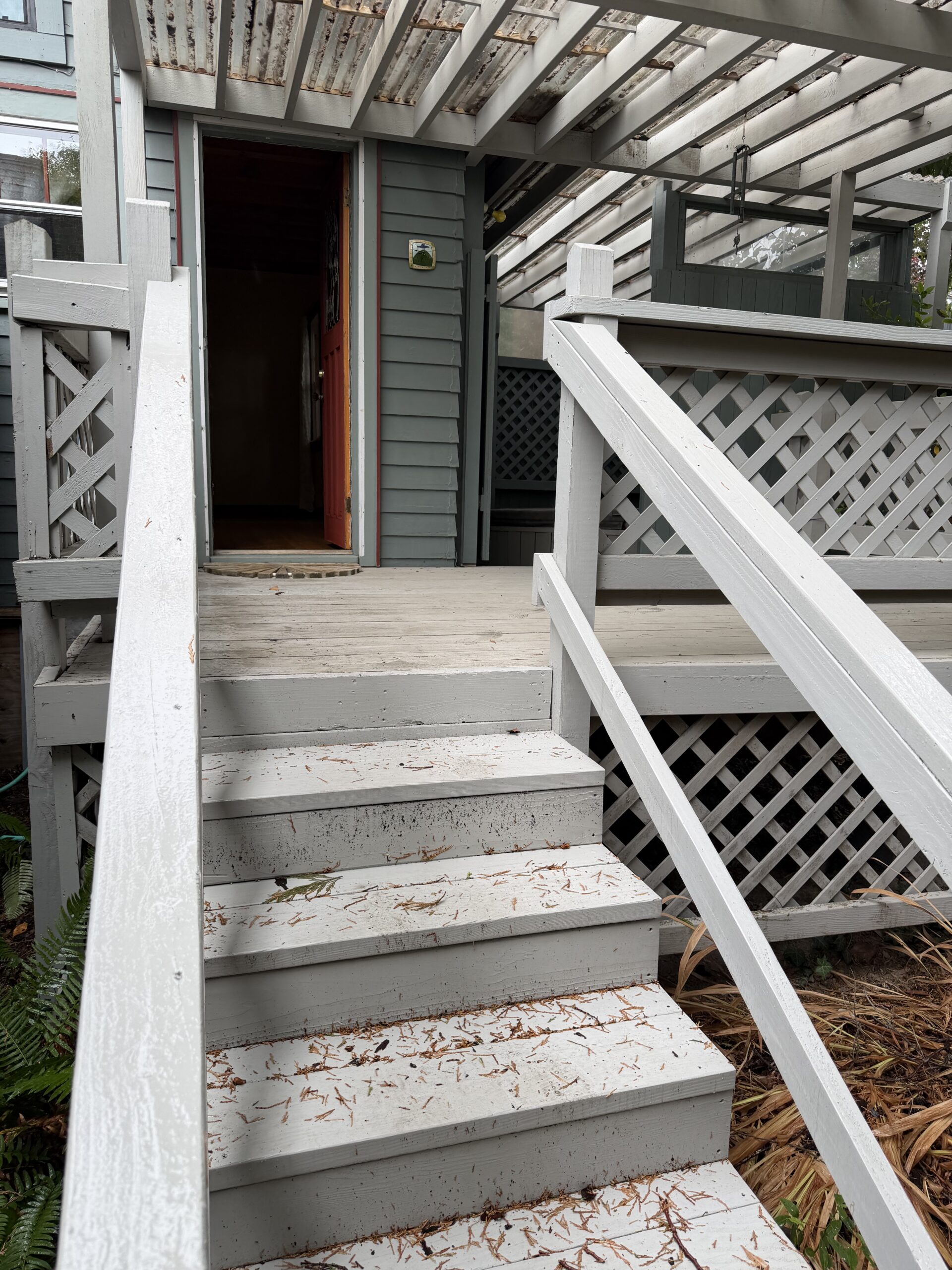 Deck stairs on the carry-out route for the hot tub sections