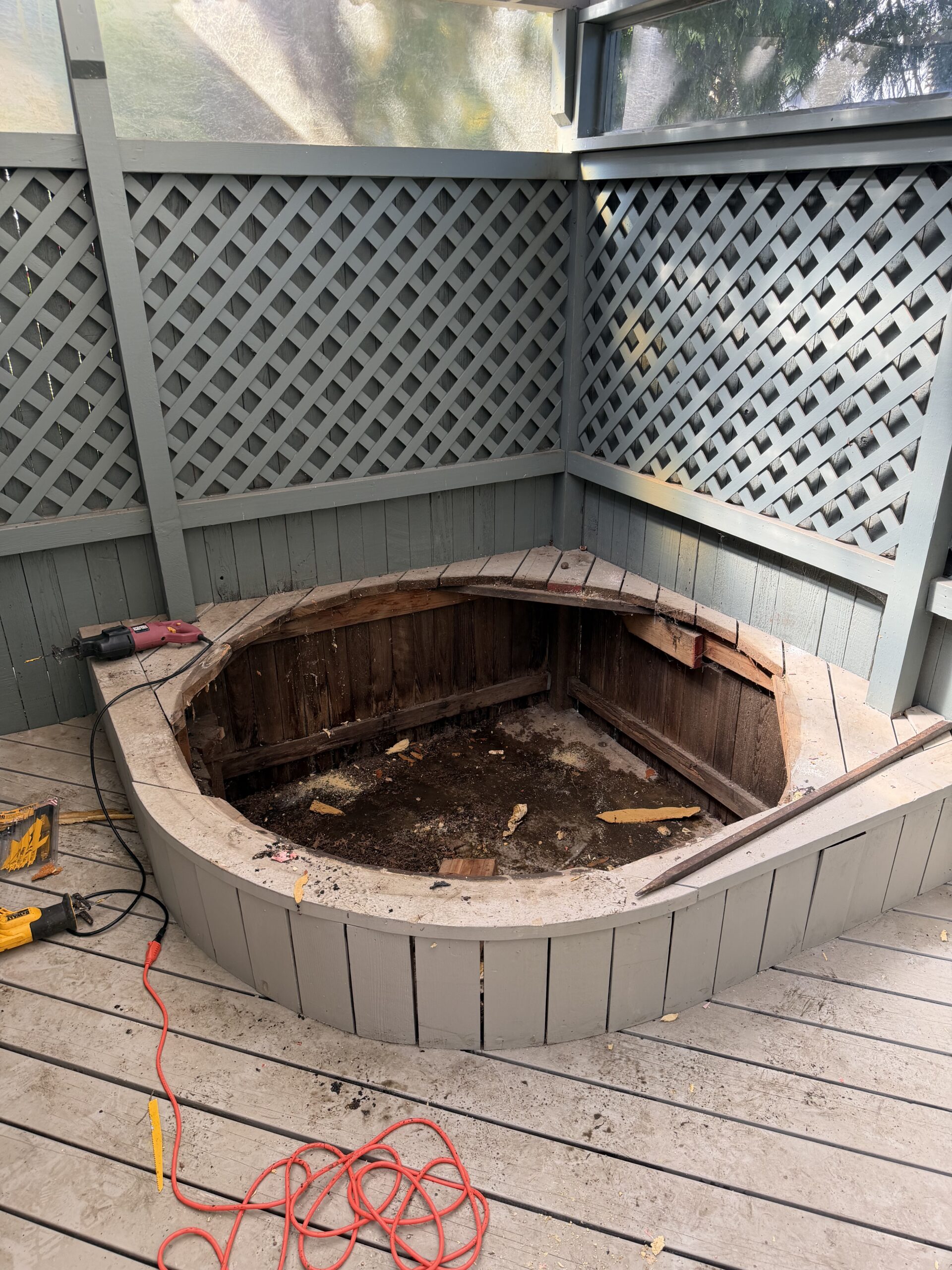 Built-in deck surround intact after the hot tub was removed in Salem, Oregon